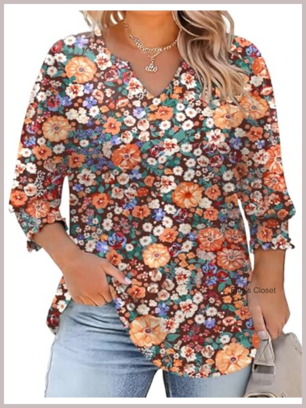 Plus Size 3/4 Sleeve V-Neck Tunic Top Stretch Ruffle Cuffs